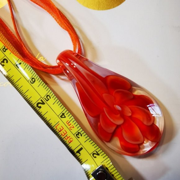 Art Glass Pendent Clear Glass with Orange Flower ~ Ribbon and Cord Nec… - Picture 15 of 16